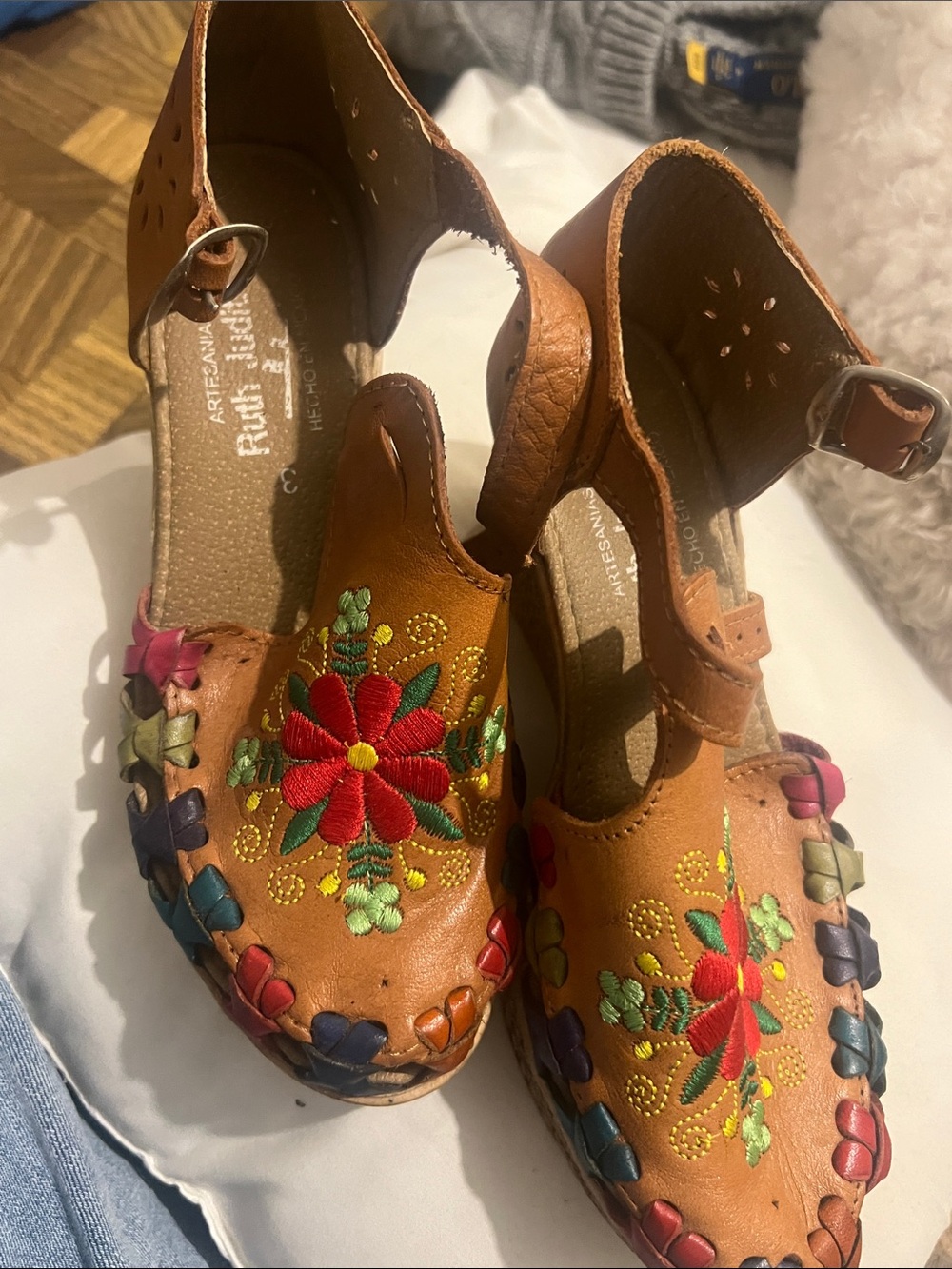 Embroidered Tan Leather Wedge Sandals with Ankle Strap